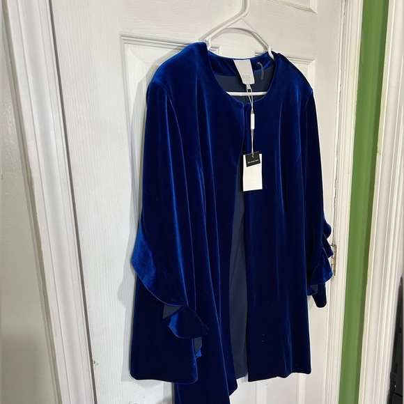 NWT MISOOK Blue Velvet Cardigan with ruffle sleeves. Size Large. - Picture 2 of 11